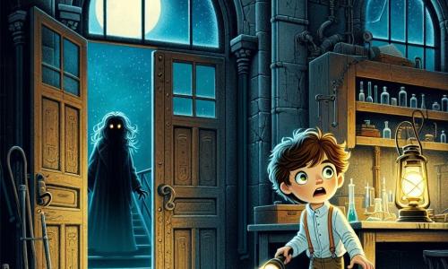A 12-year-old boy, Oliver, with messy brown hair and sparkling eyes of excitement, stands in front of a large, worn wooden door that is slightly ajar. His face expresses both fear and determination, and he holds a flashlight that faintly illuminates the dark corridor ahead. Inside the room, an ethereal silhouette of a similarly aged girl can be seen, with long flowing hair and wearing a white dress that seems to blend into the darkness. She looks at Oliver with a mix of sadness and hope, as if asking for his help. The setting is an abandoned old laboratory, with crumbling walls covered in cobwebs and wooden tables cluttered with rusty old scientific instruments. Moonlight filters through broken windows, casting eerie shadows on the dusty floor. The main situation shows Oliver hesitating to enter the laboratory, aware of the mysterious whispers around him, while the girl's silhouette seems to encourage him to move forward, highlighting the theme of bravery in the face of fear.