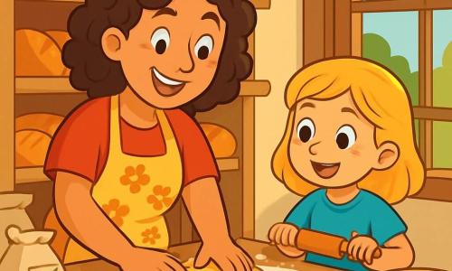 Annie, a cheerful woman with curly hair and a floral apron, smiles with sparkling eyes of happiness as she kneads bread dough in her bakery. Next to her, Lucy, a 6-year-old girl with blonde hair and bright eyes, looks on in wonder, holding a small rolling pin, ready to help. The bakery is warm and inviting, with wooden shelves filled with golden breads, scattered flour bags, and soft light filtering through the window. The scene shows Annie and Lucy creating a sun-shaped bread together, their hands covered in flour, surrounded by the delicious aroma of fresh bread filling the air.