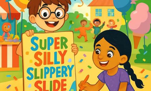 There are two main characters: Jake, a 10-year-old boy with messy brown hair and round glasses, wearing a red t-shirt with a robot design and blue shorts. He is standing, smiling, holding a large colorful sign that says "Super Silly Slippery Slide." Priya, a 10-year-old girl with long braided black hair, is next to Jake, drawing stars on a big cardboard with colorful markers. The setting is a schoolyard transformed into a carnival, filled with colorful games, floating balloons, and sparkling garlands. Candy stands with multicolored sweets and giant cotton candy decorate the background. Children in various costumes, like animals and superheroes, are having fun around them. The main scene shows Jake and Priya preparing their game, surrounded by confetti falling from the sky, while laughter and voices fill the air. They are excited and full of energy, ready to welcome their friends for a day of celebration and magic.