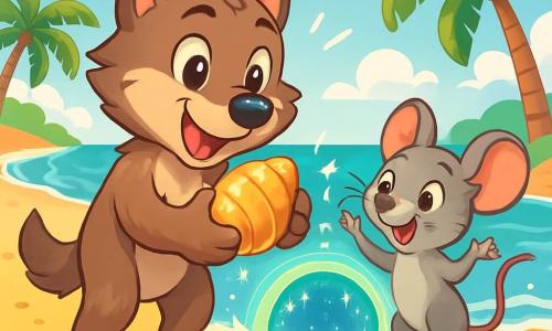 A young wolf named Leo, with soft brown fur and sparkling curious eyes, stands on a golden sandy beach, holding a large shiny shell in his front paws. He has a wide smile, overflowing with excitement and wonder. Beside him is Mia, a small gray mouse with big ears and mischievous eyes, looking at the shell with fascination, her tiny paws raised in enthusiasm. Their environment is a sunny beach, with turquoise waves gently crashing on the shore, colorful seashells scattered on the sand, and palm trees swaying in the breeze. In the background, a bright blue sky is dotted with fluffy white clouds. The main scene shows Leo and Mia ready to dive into the sparkling water, where a magical portal opens beneath the waves, illuminated by shimmering lights, promising an underwater adventure full of mysteries and treasures.
