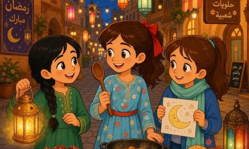 Three girls around nine: Lina with brown hair tied with a red ribbon in a light blue floral dress holding a shiny wooden spoon at the center, smiling; Amina with braided black hair in a small green dress holding a golden lantern to Lina’s left, gently laughing; Noor with chestnut hair in a ponytail wearing a blue jacket and mint scarf holding a small moon drawing to Lina’s right, shy but happy. They stand at an evening Ramadan market: a warm-toned cobbled alley with hanging lantern garlands, wooden stalls with bowls of shiny dates and baskets of bread, colorful paper lanterns casting orange-golden light. Lina presents the spoon like a treasure, Amina raises her lantern casting a golden halo, Noor shows her moon drawing; soft festive mood, warm colors (gold, orange, midnight blue), joyful expressions, simple clean lines and flat textures in a 2D children’s cartoon style.