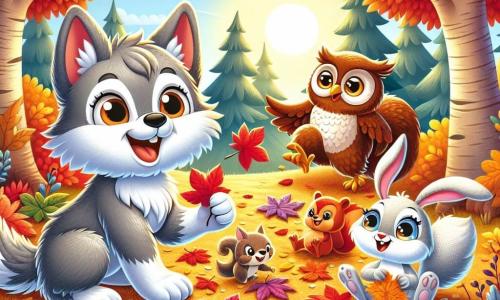 An illustration depicts a small gray wolf with fluffy fur and big bright eyes, expressing pure joy as it happily jumps on a colorful carpet of autumn leaves. Nearby, a small white bunny with large ears and a radiant smile is gathering leaves, her eyes sparkling with excitement. A wise owl with brown feathers and round eyes perches on a branch, observing the scene with a benevolent and curious expression. A red-furred squirrel, with a bushy tail, busily searches for leaves, its face beaming with happiness. The main setting is a sunlit clearing surrounded by majestic trees with vibrant foliage, where the ground is covered in a thick layer of bright red, orange, and yellow leaves illuminated by the setting sun. The main situation shows the friends gathered, laughing and playing together, creating a large apple-shaped mosaic of leaves, symbolizing their friendship and the beauty of autumn. Additional elements include rays of sunlight filtering through the branches, birds singing in the blue sky, and small forest creatures watching the scene with curiosity.