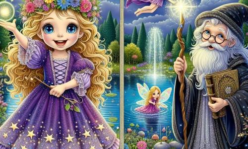 No centro da imagem, uma pequena bruxa chamada Lila, com cerca de 8 anos, sorri amplamente. Ela tem cabelos cacheados e dourados que caem sobre os ombros, e seus olhos brilham como estrelas. Veste um vestido roxo decorado com estrelas cintilantes e segura uma pequena varinha mágica que emite uma suave luz. Lila está fazendo um desejo à beira de um lago mágico. Ao lado dela, o velho bruxo Merlino, um homem idoso com uma longa barba branca e óculos redondos, observa com um sorriso benevolente. Ele usa uma robe preta com padrões prateados e segura um livro antigo, pronto para compartilhar sua sabedoria. Ao fundo, uma fada chamada Fifi, com asas brilhantes e um vestido de pétalas de flores, voa alegremente ao redor, adicionando um toque de magia à cena. O local é um lago encantador, cercado por flores coloridas e árvores majestosas. A luz do sol reflete na água, criando explosões de cores vivas, enquanto nuvens fofas flutuam em um céu azul claro. A cena mostra Lila, com os olhos fechados, fazendo um desejo ao lago mágico, enquanto Merlino e Fifi a incentivam com expressões alegres, capturando a essência da magia e da amizade.