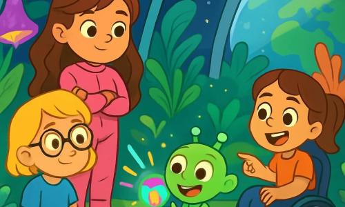 Há 4 personagens: - Luna: uma menina de 8 anos, com cabelos longos e ondulados de cor castanha, vestindo um traje espacial rosa. Ela está em pé, com os braços cruzados e um olhar curioso. - Bia: uma menina de 7 anos, com cabelos curtos e loiros, usando óculos redondos e uma camiseta azul. Ela está sentada no chão, cercada por pequenos robôs coloridos que construiu. - Sofia: uma menina de 9 anos, com cabelos castanhos e um grande sorriso, sentada em sua cadeira de rodas multicolorida, que brilha sob a luz das estrelas. Ela está rindo e apontando para Zipo. - Zipo: um extraterrestre de pequena estatura, com pele verde brilhante, três olhos redondos e um grande sorriso. Ele está em pé diante das meninas, segurando um dispositivo luminoso que brilha em cores vivas. O local da cena principal é um jardim espaçoso dentro de uma estação espacial. Plantas estranhas e coloridas crescem ao redor deles, com flores luminosas que brilham na escuridão. Ao fundo, grandes janelas oferecem uma vista espetacular de um planeta azul e verde. A situação principal da história mostra as meninas descobrindo Zipo, o extraterrestre, que vem de seu planeta. Elas estão todas maravilhadas e rindo juntas, enquanto Zipo lhes mostra seu dispositivo luminoso que pisca alegremente.
