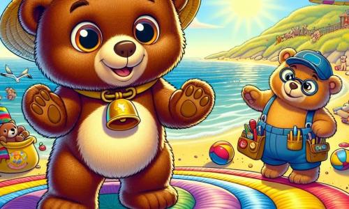 Im Vordergrund steht ein Teddybär namens Bärtram mit braunem, flauschigem Fell auf einem großen bunten Kissen. Seine Augen glänzen vor Aufregung und er hat ein breites Lächeln im Gesicht. Er trägt einen kleinen Strohhut und hält eine goldene Glocke in seinen Pfoten, bereit zu tanzen. Neben ihm steht ein anderer Bär, Brummbastel, ein hellbrauner Bär mit runden Brillen und einem Werkzeuggürtel, der Bärtram mit einem ermutigenden Lächeln ansieht und einen riesigen Sack voller Überraschungen hält. Die Szenerie ist ein wunderschöner Kitzelstrand, ein sonniger Strand mit goldenem Sand, der unter der Sonne funkelt. Sanfte Wellen lecken am Ufer, während Möwen fröhlich am blauen Himmel fliegen. Die Hauptsituation zeigt Bärtram, der kurz davor ist, eine unmögliche Herausforderung zu beginnen, bereit, auf einem Weg aus bunten Kissen zu tanzen, die in der Luft schweben, während Lachen und Freude um ihn herum erklingen.