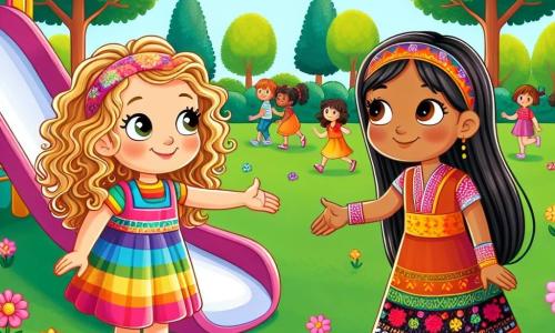 Em um parque ensolarado, uma menina de 8 anos chamada Clara, com cabelos cacheados e dourados, usa um vestido colorido. Ela sorri amplamente, demonstrando alegria e entusiasmo enquanto estende a mão para uma nova amiga. Ao seu lado, Amina, uma menina de 8 anos de cabelos longos e lisos, de origem asiática, veste uma linda roupa tradicional colorida. Ela sorri timidamente, com os olhos brilhando de excitação, enquanto mostra a Clara uma dança de seu país. O parque está cheio de flores coloridas, árvores verdes e um grande escorregador. Crianças brincam ao redor, criando uma atmosfera alegre e acolhedora. A cena representa o momento em que Clara e Amina se encontram pela primeira vez, prontas para compartilhar suas culturas e celebrar a amizade nascente, simbolizando a tolerância e a aceitação das diferenças.