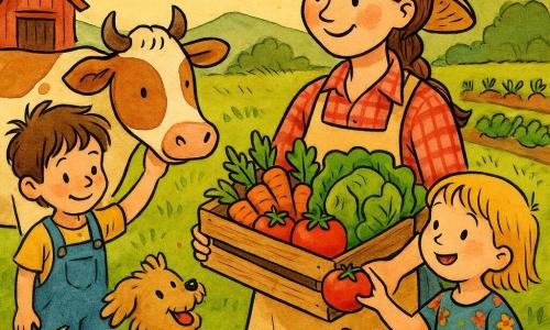 O femeie agricultoare zâmbitoare, cu piele deschisă și păr șaten împletit, poartă o bluză în carouri roșii și un șorț bej și ține o ladă cu legume colorate; două copii curioși — o fată de circa 8 ani în rochie cu flori care întinde mâna către o roșie și un băiat de circa 7 ani în salopetă albastră care mângâie o vacă albă și maro numită Lăptica — stau lângă ea, iar câinele Pufi sare vesel la picioarele femeii; decor: fermă dimineața cu iarbă cu rouă, rânduri de legume, un hambar roșu, dealuri line și cer roz-portocaliu, atmosferă caldă și liniștită.