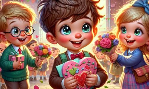 Un niño de 10 años, llamado Jaime, con el cabello castaño desordenado y ojos brillantes de alegría, se encuentra en el centro de la imagen, sosteniendo una tarjeta colorida en forma de corazón, su rostro radiante de emoción y orgullo. A su lado, Clara, una niña de 10 años con un bonito lazo azul en el cabello y una cálida sonrisa, mira a Jaime con admiración, lista para ayudarlo. Al fondo, Pablo, un niño de 10 años con cabello rubio y gafas redondas, se acerca con una tarjeta en las manos, mostrando una expresión de sorpresa y felicidad. El escenario es un patio escolar vibrante, lleno de decoraciones de San Valentín: corazones de papel en las paredes, globos rosas flotando en el aire y niños jugando alegremente a su alrededor. La situación principal muestra a Jaime, Clara y Pablo intercambiando tarjetas de San Valentín, rodeados de una atmósfera alegre y amistosa, ilustrando el tema de la amistad y la celebración del amor entre amigos.