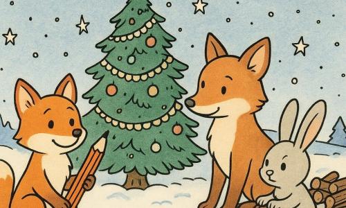 Die Hauptfigur ist ein kleiner Fuchs namens Finn, mit leuchtend rotem Fell und funkelnden Augen, der stolz einen Stift in seiner Pfote hält und lächelt. Neben ihm steht seine Mutter, eine Füchsin mit weichem, warmem Fell, die ihn wohlwollend ansieht. Nicht weit entfernt zieht ein Hase namens Hoppel, mit langen Ohren und flauschigem Fell, einen kleinen Schlitten voller Holz und zeigt einen entschlossenen Ausdruck. Die Szene spielt sich in einer verschneiten Lichtung ab, wo der Schnee unter dem sanften Licht der Sterne glitzert. In der Mitte des Bildes steht ein großer Tannenbaum, geschmückt mit Lichterketten und kleinen bunten Kugeln. Die Atmosphäre ist fröhlich und festlich und fängt einen Moment des Teilens und der gegenseitigen Hilfe zwischen den Figuren ein.