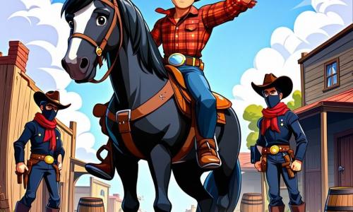 Un cowboy, Billy McGraw, è al centro dell'immagine, con un grande sorriso coraggioso e occhi azzurri scintillanti. Indossa un cappello da cowboy nero, una camicia a quadri rossi e pantaloni di pelle marrone. È montato sul suo fedele cavallo, Fulmine, un magnifico cavallo nero dai crini lucenti, che si tiene fiero e all'erta. Sullo sfondo, tre banditi mascherati, con ampi cappelli e vestiti scuri, minacciano i villaggi, con volti nascosti e espressioni malvagie. Il luogo è la polverosa strada di Dusty Creek, circondata da vecchie case di legno sbiadite, con barili e casse sparse per terra. Il cielo è blu, con alcune nuvole bianche, e il sole splende intensamente. La scena principale mostra Billy, pronto a difendere il villaggio, alzando il braccio per attirare l'attenzione dei banditi, mentre i villaggi, nascosti dietro i barili, osservano con occhi pieni di speranza e paura.
