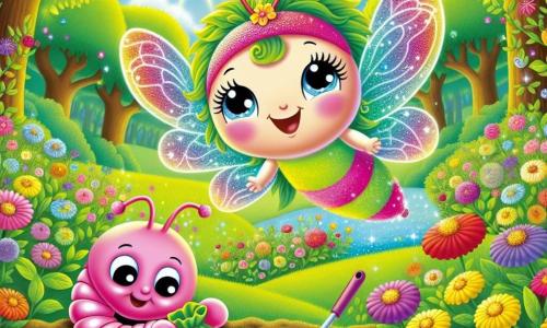 Ein kleines, glitzerndes Wesen mit bunten Flügeln, das einer Libelle ähnelt, fliegt fröhlich über ein Blumenfeld. Ihre Augen funkeln vor Aufregung und ihr strahlendes Lächeln zeigt ihren Willen, die Welt zu verbessern. Neben ihr gräbt ein kleiner Regenwurm mit rosa Körper und runden, neugierigen Augen konzentriert im Boden und sammelt versteckte Abfälle unter den bunten Blumen. Die Szenerie ist ein wunderschöner, grüner Wald voller leuchtender Blumen, mit Sonnenstrahlen, die durch die Blätter der Bäume filtern und eine magische, helle Atmosphäre schaffen. Die Hauptsituation zeigt das kleine Wesen und den Regenwurm, die begeistert zusammenarbeiten, um den Wald zu reinigen und Abfälle in bunten Säcken zu sammeln, während sie den Blumen um sie herum neues Leben einhauchen.