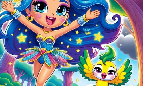 A Super Lila, uma mulher com cabelos azuis brilhantes e olhos cintilantes, voa alegremente no céu, com um grande sorriso no rosto. Ela usa um traje colorido com estrelas brilhantes, e seus braços estão abertos como se estivesse abraçando o vento. Ao lado dela, o Sabiá, um pequeno pássaro com penas amarelas e verdes, voa em círculos, cantando alegremente para incentivar Lila. A cena acontece na floresta encantada de Estrelinha, onde as árvores são altas e majestosas, suas folhas brilham sob o sol, e flores coloridas cobrem o chão. Nuvens cinzas flutuam acima, escondendo o sol, tornando a atmosfera um pouco triste. Super Lila e o Sabiá reúnem seus amigos para cantar e dançar, tentando dissipar as nuvens escuras e trazer de volta a luz do sol.