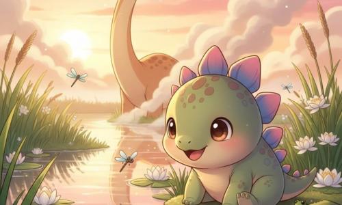 A chibi young stegosaurus, round and cute, with large pastel pink and blue rounded plates, bright eyes and a wonder-filled smile, sits at the marsh edge with a foreleg on a stone, gazing at the water; in the background a gentle guardian brachiosaurus with a curved long neck in warm earth tones watches over amid geyser steam; the magical marsh has mirror-smooth water reflecting a pink-orange sunset, light mist, tender tall grasses, white water lilies, iridescent dragonflies, tiny colorful frogs and a sunbathing turtle by the shore, fish visible beneath the clear surface; the scene captures the stegosaurus discovering a hidden grove at the marsh edge, bathed in golden sunset light, peaceful and magical.