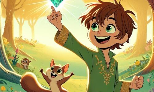 In the center of the image, a young boy named Cedric, about 10 years old, stands with a determined and joyful expression. He has messy brown hair, sparkling curious eyes, and wears a green tunic adorned with floral patterns. In his right hand, he holds a shiny gemstone, the Great Sapphire, which sparkles in the sunlight. Next to him, a small squirrel named Pippin, with brown fur and bright eyes, jumps with excitement. He is pointing at the stone, his face showing contagious joy. In the background, the scene takes place in an enchanted clearing surrounded by majestic trees with golden leaves, where colorful flowers dance in the breeze. Sunlight filters through the branches, creating a magical play of shadows and light on the ground. The main situation shows Cedric and Pippin celebrating their victory after retrieving the Great Sapphire, surrounded by an atmosphere of joy and magic, while birds sing in the trees and butterflies flutter around them.