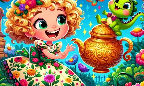 A 6-year-old girl named Poppy, with curly golden hair shining in the sun, laughs heartily while holding a golden teapot decorated with dancing patterns. She wears a colorful floral dress, and her eyes sparkle with joy and curiosity. Next to her is a little dragon named Twizzle, with green leaf wings and a multicolored bow tie, fluttering in the air with a mischievous smile. The scene takes place in an enchanted garden filled with singing flowers in bright colors, large trees with branches that seem to dance, and a blue sky dotted with laughing clouds. In the center, a large muddy puddle sparkles in the sun, where the magical teapot was discovered. The main situation shows Poppy and Twizzle having fun together, surrounded by singing flowers and colorful butterflies flying around them, while a waffle lion joyfully appears at the end of their adventure, ready to receive a delicious waffle cake.