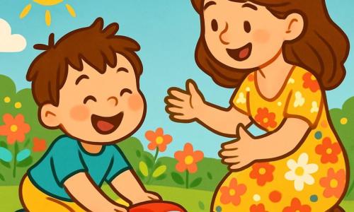 A 2-year-old boy with messy brown hair and sparkling eyes is playing with his shiny red car on a sunny green lawn. He has a big smile on his face, and his round, rosy cheeks are illuminated by the sun. Next to him, his mother, a woman in her 30s with long brown hair and a warm smile, crouches down to encourage him. She is wearing a light floral dress and looks at her son with affection, arms open for a hug. The scene takes place in a colorful garden filled with vibrant flowers and a clear blue sky with fluffy white clouds. The little boy rolls his red car on the grass, laughing with joy, while his mother watches him lovingly, ready to comfort him if he falls.