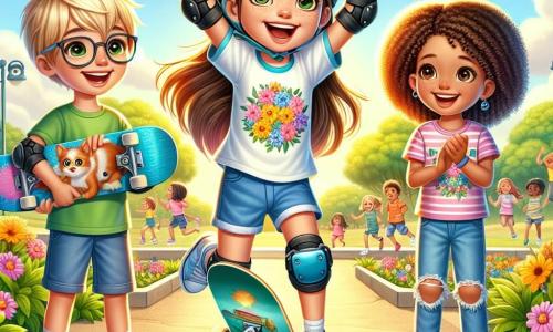Una ragazza di 8 anni, Mia, è al centro dell'immagine, con lunghi capelli castani e occhi brillanti di determinazione. Indossa una maglietta colorata e un casco protettivo, sorridendo con orgoglio mentre riesce a fare un salto con lo skateboard, le braccia alzate in segno di vittoria. Alla sua destra, il suo migliore amico Luca, un ragazzo di 9 anni con capelli biondi e occhiali, la incoraggia con un grande sorriso, tenendo il suo skateboard sotto il braccio. A sinistra, Sara, una ragazza di 8 anni con capelli ricci e pelle color caramello, applaude con entusiasmo, gli occhi brillanti di ammirazione per Mia. Lo sfondo è un parco soleggiato, con alberi verdi, un sentiero in cemento liscio e bambini che giocano sullo sfondo. I fiori colorati bordano il sentiero, aggiungendo un tocco di allegria. La scena principale mostra Mia che esegue un salto impressionante con il suo skateboard, circondata dai suoi amici che la incoraggiano, illustrando così la gioia dell'amicizia e la passione per lo sport.
