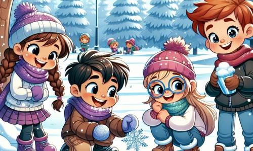 In a snowy park, four friends gather for a day of winter adventures. Mia, an 8-year-old girl with brown hair in braids, wears a flying purple scarf and is laughing as she throws a snowball. Leo, a 7-year-old boy with messy blond hair and a red beanie, crouches ready to catch a falling snowflake. Emma, an 8-year-old girl with brown hair and round glasses, carefully observes ice crystals on a tree branch. Jack, a 9-year-old boy with red hair and freckles, stands beside them with a smile, holding a cup of hot chocolate and leaning on his blue crutch. The park is filled with tall snow-covered trees, and the ground sparkles in the sunlight as snowflakes gently fall from the sky, creating a magical atmosphere. The friends enjoy exploring the beauty of winter, building a snowman, and discovering the wonders of nature while sharing laughter and stories.