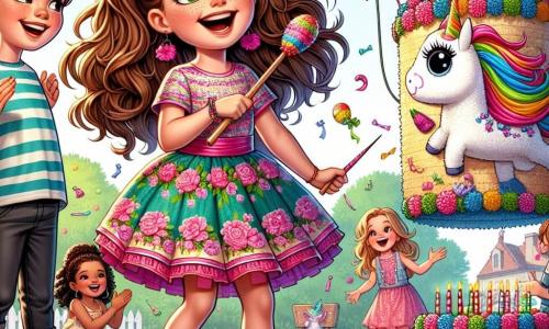 Lucía, una niña de 10 años, está en el centro de la escena, radiante de alegría con una gran sonrisa en su rostro. Tiene el cabello largo y castaño atado en dos coletas, lleva un vestido colorido con motivos de flores y bailarinas rosas. Sostiene un gran pastel de cumpleaños decorado con hermosas unicornios, listo para ser cortado. A su lado, Clara, otra niña de 10 años, con cabello rubio rizado y gafas redondas, aplaude con entusiasmo. Lleva una camiseta de rayas y un pantalón corto de mezclilla, rodeada de globos de colores que flotan a su alrededor. Diego, un niño de 10 años con cabello castaño y una sonrisa traviesa, está golpeando una piñata colgada de un árbol, sosteniendo un palo de madera. Lleva una camiseta roja y pantalones negros, concentrado en su tarea, rodeado de sus compañeros que lo animan. La escena tiene lugar en un patio escolar soleado, lleno de decoraciones festivas: guirnaldas de colores vivos, mesas cubiertas de dulces y niños riendo y jugando. La situación principal muestra a Lucía lista para soplar las velas en el pastel de cumpleaños, rodeada de sus amigos que cantan "Feliz cumpleaños", creando una atmósfera de alegría y celebración.