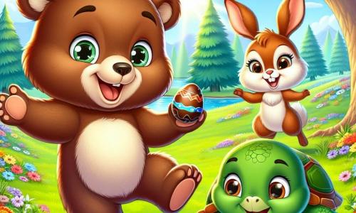 Un pequeño oso marrón llamado Bruno, con un pelaje suave y ojos brillantes de alegría, salta de felicidad en un claro soleado del bosque, rodeado de flores coloridas y árboles majestuosos. A su lado, una ardilla traviesa llamada Sara, con pelaje rojizo y ojos pícaros, ríe mientras se revuelca en la hierba, mientras un pequeño conejo blanco, Toby, con grandes orejas y una sonrisa radiante, sostiene un huevo de chocolate de Pascua en sus patas, listo para esconderlo. Más lejos, una tortuga llamada Tina, con un caparazón verde y un aire sabio, observa la escena con una sonrisa benevolente. La atmósfera es alegre y festiva, llena de colores vivos y risas, mientras los amigos se preparan para comenzar su búsqueda de huevos de Pascua en este encantador escenario.