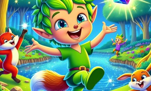 Um elfo alegre chamado Zippy, com cabelos verdes brilhantes como folhas frescas e um grande sorriso, está à beira de um lago cintilante. Ele salta de alegria, segurando um cristal colorido que brilha como uma estrela. Ao seu lado, uma raposa chamada Fifi, com pelagem ruiva e olhos brilhantes, gira em círculos, divertida com a empolgação de Zippy. Um coelho travesso chamado Tico, com orelhas longas e brancas, pula alegremente, pronto para se juntar à dança. O cenário é uma floresta mágica, cheia de árvores com troncos dourados e flores multicoloridas que dançam ao vento. O lago, de um azul vibrante, reflete todas as cores do arco-íris, criando uma atmosfera encantada. A cena principal mostra Zippy, Fifi e Tico preparando um Festival das Risadas, cercados de risos e alegria, enquanto a luz do cristal ilumina a cena, trazendo uma mágica radiante à sua amizade.