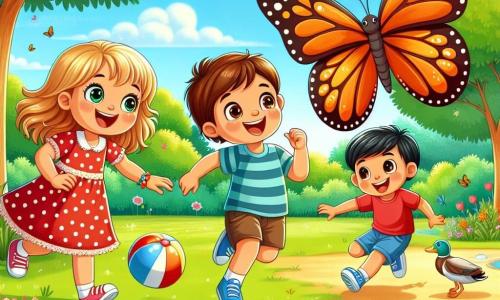 Juan, un niño de tres años con cabello castaño y ojos brillantes, corre alegremente hacia una gran mariposa colorida que vuela cerca de un árbol. Ana, una niña de tres años con cabello rubio y un vestido rojo con lunares, se detiene para admirar la mariposa, sonriendo. Luis, otro niño de tres años con cabello negro y una camiseta azul, sostiene una pelota en sus manos y mira a sus amigos con entusiasmo, listo para jugar. El parque está lleno de grandes árboles de hojas verdes, flores brillantes de todos los colores y un pequeño estanque donde nadan patos. El sol brilla en un cielo azul claro, creando una atmósfera alegre y veraniega. Los tres amigos se divierten juntos, corriendo y riendo, mientras descubren la belleza de la naturaleza y comparten momentos de felicidad durante su día en el campamento de verano.