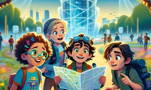 In einem futuristischen Park in Glitzerstadt stehen vier Freunde zusammen. Mia, ein 10-jähriges Mädchen mit lockigem Haar und bunten Brillen, lächelt und hält einen Plan in den Händen. Neben ihr sitzt Leni, ein 9-jähriges Mädchen im Rollstuhl mit blonden Haaren und einem T-Shirt mit Roboter-Motiven, die begeistert auf den Plan schaut. Sara, ein 10-jähriges Mädchen mit glattem Haar und einer Kappe, zeigt auf ein großes, funkelndes Glasgebäude in der Ferne. Schließlich hockt Timo, ein 11-jähriger Junge mit zerzausten braunen Haaren, und zeichnet eine Skizze des Parks in ein Notizbuch. Der Park ist voll von leuchtenden Blumen und bunten Blättern, mit einem riesigen sprechenden Baum, Professor Blättergrün, der im Zentrum strahlt. Hologramme schweben um sie herum und zeigen Informationen über die Erfindungen der Stadt. Die Freunde diskutieren aufgeregt über ihre Mission, das geheimnisvolle Gadget „Luftzauberer“ zu finden, das die Luft ihrer Stadt reinigen kann. Sie sind bereit für das Abenteuer, verbunden durch ihre Freundschaft und Neugier.
