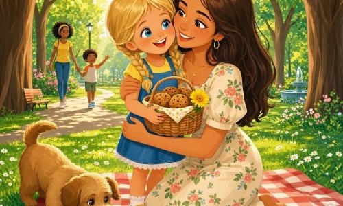 Een vrolijk trots 6-jarig meisje met blond haar in twee vlechten en fonkelende blauwe ogen houdt op een rood-wit geruit picknickkleed een klein rieten mandje met ronde koekjes en een gele bloem vast; haar ongeveer 33-jarige moeder met lang kastanjebruin haar en een lichte bloemenjurk zit op het kleed, glimlachend en ontroerd terwijl ze haar dochter omhelst en licht naar haar toebuigt; een lichtbruin hondje met hangende oren speelt naast het kleed, kwispelt en snuffelt aan een gevallen koekje; de scène speelt zich af in een zonnig ochtendpark met een brede, met bloeiende groene bomen omzoomde laan, gras met witte madeliefjes en gouden zonnestralen door het loof; de dochter biedt een verrassingsontbijt aan door het mandje naar haar moeder te reiken, beiden glimlachen in een warme, tedere sfeer; stijl: vectortekening, vlakke verzadigde kleuren, zachte lijnen, gecentreerde compositie en licht overdreven maar vriendelijke expressies voor leesbaarheid voor kinderen.