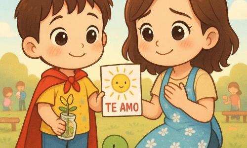 Un niño de 6 años de cara redonda, pelo castaño corto, mejillas sonrojadas, con una capa roja y una camiseta amarilla manchada de tiza sostiene un pequeño frasco de vidrio con una ramita y una mariposa de papel amarilla pegada, además de una tarjeta hecha a mano con un gran sol y las letras TE AMO; la madre, de unos 30 años, pelo castaño medio, con delantal azul de flores, ojos húmedos y sonrisa tierna, está agachada a su altura con una mano en el pecho y la otra lista para recibir el regalo; a sus pies hay un pequeño dinosaurio de peluche verde; escenario: explanada de césped con bancos de madera, marcas de tiza en el suelo, familias desenfocadas al fondo, helados y cometas en un cielo azul claro; momento dulce y luminoso, composición centrada, colores pastel, luz cálida de tarde, expresiones adorables, líneas limpias y texturas suaves.