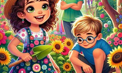 Una niña de 10 años, Lucía, con cabello castaño y rizado, y ojos llenos de curiosidad, está en el centro de un jardín en plena floración. Lleva un vestido colorido con flores y un sombrero de paja, sonriendo alegremente mientras sostiene una pequeña pala, lista para plantar semillas. A su lado, su amigo Pablo, un niño de 10 años con cabello rubio y gafas, está agachado plantando semillas de girasol. Lleva una camiseta azul y un short, y mira a Lucía con una gran sonrisa, compartiendo su entusiasmo. Al fondo, la maestra Olga, una mujer de unos treinta años con cabello castaño y una blusa verde, los observa con orgullo, rodeada de flores coloridas y mariposas. El jardín es un espacio vibrante, lleno de flores brillantes, verduras en crecimiento y rayos de sol filtrándose a través de las hojas de los árboles. Las abejas zumban alegremente, añadiendo vida a esta escena primaveral. La situación principal muestra a Lucía y Pablo trabajando juntos para crear un jardín comunitario, simbolizando la amistad, la cooperación y la magia de la primavera.