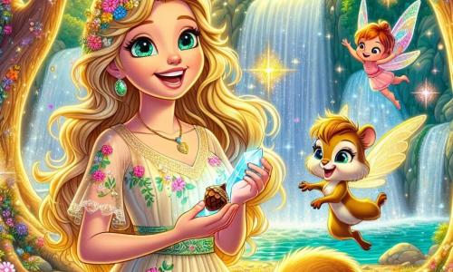 Elara, a young woman with long golden hair and sparkling curious eyes, stands at the center of the scene, a radiant smile lighting up her face. She wears a light dress adorned with colorful flowers and holds the Great Crystal of Balance in her hands, which sparkles brightly, symbolizing hope and magic. Beside her, Pip, a mischievous little squirrel with bright eyes and brown fur, joyfully climbs on her shoulder while holding a hazelnut in his front paws. Further away, Tilly, a pixie with shimmering wings and curly pink hair, flits around Elara, laughing and casting sparks of magic into the air. The setting is an enchanted clearing bathed in golden light, surrounded by majestic trees with shimmering leaves, and dotted with vibrant flowers dancing in the breeze. In the background, a sparkling waterfall pours its waters into a crystal-clear stream, adding a touch of magic to the environment. The main scene shows Elara, surrounded by her friends, celebrating their victory after retrieving the Great Crystal of Balance, radiating joy and pride, while the light from the crystal illuminates the clearing, creating an atmosphere of happiness and friendship.