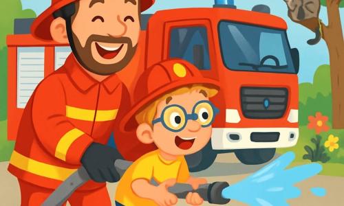 Max, ein mittelgroßer Mann mit braunen Haaren und einem gepflegten Bart, trägt eine leuchtend rote Feuerwehruniform. Sein Gesicht drückt Freude und Aufregung aus, während er breit lächelt und einen großen Feuerwehrschlauch hält. Neben ihm steht Emil, ein 8-jähriger Junge mit zerzausten blonden Haaren und einer Brille, der eine kleine Feuerwehrmütze trägt. Er schaut mit Staunen auf den Wasserstrahl, der aus dem Schlauch spritzt, mit neugierigen, leuchtenden Augen. Die Szene spielt vor einem großen roten Feuerwehrwagen, der auf dem Asphalt eines sonnigen Hofes geparkt ist, umgeben von bunten Blumen und grünen Bäumen. Im Hintergrund sieht man einen kleinen Baum, auf dem eine gestreifte Katze sitzt und leise miaut. Die Hauptsituation zeigt Max und Emil, die sich gegenseitig helfen, ein kleines simuliertes Heufeuer zu löschen, und dabei eine Atmosphäre von Abenteuer und Kameradschaft schaffen.