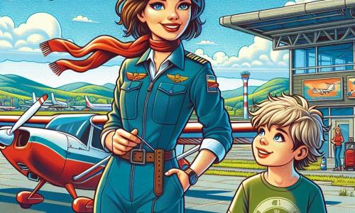 Eine Pilotin, Lina, steht stolz neben ihrem kleinen roten Flugzeug auf dem sonnigen Flughafen. Sie trägt einen blauen Pilotenanzug mit einem roten Schal, der im Wind weht, ihre braunen Haare sind zu einem Pferdeschwanz gebunden. Ihr Gesicht strahlt Freude und Aufregung aus, ihre Augen funkeln vor Leidenschaft für das Fliegen. In der Nähe beobachtet ein zehnjähriger Junge, Jakob, mit Staunen. Er hat zerzauste blonde Haare und trägt ein grünes T-Shirt mit einem Flugzeugmotiv. In seinen Händen hält er ein kleines Plastikflugzeug, seine Augen sind weit geöffnet, fasziniert von der Welt der Luftfahrt. Die Szenerie ist ein lebhafter Flughafen mit bunten Flugzeugen im Hintergrund, weißen Wolken, die am strahlend blauen Himmel schweben, und grünen Bergen am Horizont. Die Szene zeigt, wie Lina begeistert die Grundlagen des Fliegens an Jakob erklärt, der aufmerksam zuhört und davon träumt, eines Tages wie sie zu fliegen.