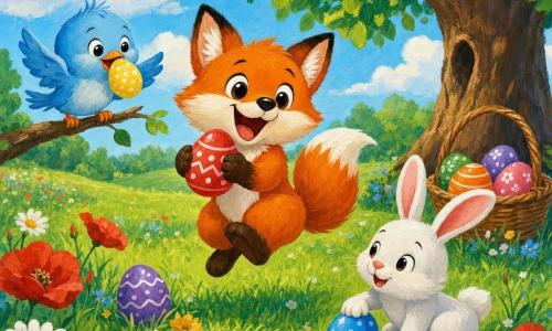 Freddy the fox, the small cute main character with bright orange fur and a fluffy white tail, wide smile and bright eyes, gently holds a painted red egg and jumps joyfully; Bella the bird, a pale blue chick with small wings and soft plumage, flutters happily holding a yellow egg in her beak, perched on a low branch to Freddy's left; Benny the rabbit, a white bunny with large pink ears and a curious, content expression, sits to Freddy's right tapping a blue egg near his paws; the sunny meadow setting has tender green grass, colorful wildflowers, a large round‑canopied tree and a wicker basket of painted eggs in its shade; the scene depicts a joyful, colorful Easter egg hunt with the three friends laughing and collecting shiny eggs, simple clear composition, saturated colors, soft shapes and slightly textured outlines like children’s acrylic painting.