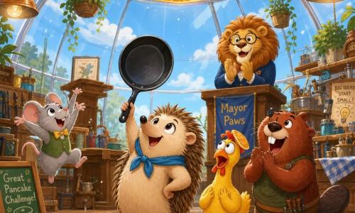Hazel, a small round confident hedgehog with light brown fur and soft quills wearing a blue scarf, holds a light cast-iron pan and smiles upward as a golden, slightly shiny pancake is stuck to the translucent glass dome's top; Clucky, a funny yellow rubber chicken with a half-pancake on its head, stands surprised beside Hazel on the wooden floor, Benny the stocky red-furred beaver with a wide tail applauds near a cluttered worktable, Millie the small gray mouse jumps with hands raised in admiration, and Mayor Paws, a lion with a full mane and round glasses, stands on a wooden platform clapping; the bright spherical dome interior has transparent glass walls reflecting blue sky, hanging green plants, copper lamps and light plank floors, creating a warm festive scene focused on the triumphant, slightly comical moment with vivid colors and simple clear shapes.
