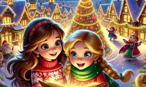 Due piccole ragazze, Alice e Sofia, sono al centro dell'immagine. Alice, di 8 anni, ha lunghi capelli castani e indossa un maglione rosso con un motivo di fiocco di neve. Sorride con meraviglia mentre tiene un libro magico dalle pagine dorate. Sofia, anch'essa di 8 anni, ha capelli biondi intrecciati e indossa una sciarpa verde. Guarda il libro con occhi brillanti, piena di curiosità. Intorno a loro si estende un incantevole villaggio di Natale. Le case sono coperte di neve scintillante e decorate con ghirlande luminose colorate. Al centro, un enorme albero di Natale illuminato si erge, adornato con palline brillanti e ghirlande dorate. I fiocchi di neve cadono dolcemente dal cielo, aggiungendo un tocco magico alla scena. Alice e Sofia scoprono il libro magico che le ha trasportate in questo mondo fatato. Sono circondate da un'atmosfera gioiosa, con elfi e renne sullo sfondo, tutti impegnati a preparare le festività natalizie. L'immagine trasmette un'atmosfera calda e festosa, piena di colori vivaci e magia.