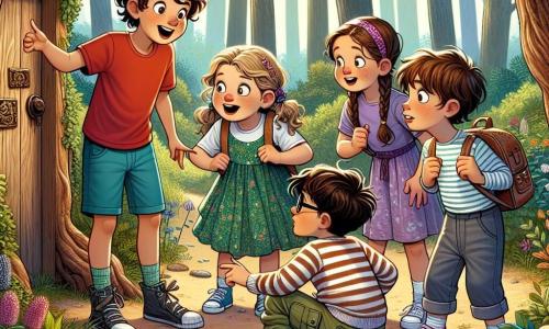 In una foresta incantata, quattro bambini si trovano insieme: **Luca**, un ragazzo di 10 anni con capelli castani arruffati, indossa una maglietta rossa e pantaloni blu, sorride entusiasta indicando una piccola porta di legno nascosta dietro i cespugli; **Sara**, una ragazza di 9 anni con lunghi capelli biondi intrecciati, indossa un vestito verde a fiori e guarda la porta con curiosità, le mani sui fianchi; **Marco**, un ragazzo di 10 anni con occhiali e capelli castani, indossa un maglione a righe e pantaloni cargo, è accovacciato esaminando il terreno intorno alla porta con aria concentrata; **Alessia**, una ragazza di 8 anni con capelli ricci e una fascia rosa, indossa una maglietta viola e pantaloni di jeans, si tiene leggermente in disparte con gli occhi spalancati per la sorpresa, tenendo uno zainetto. La foresta è piena di alberi maestosi con tronchi spessi, le cui foglie brillano di un verde vivace sotto la luce del sole, fiori colorati punteggiano il terreno e farfalle dalle ali scintillanti volano attorno a loro. I bambini hanno appena scoperto una porta misteriosa che conduce a un'avventura magica e stanno per aprirla insieme, pieni di eccitazione e curiosità.
