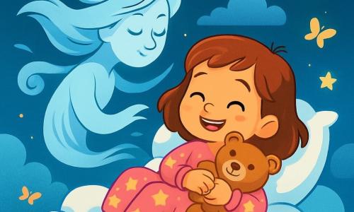 Una bambina di 6 anni, di nome Chiara, è sdraiata su un grande letto di nuvole soffici, con un sorriso radioso e occhi scintillanti di gioia. Indossa un pigiama rosa con stelle brillanti e tiene il suo orsacchiotto contro di sé, sentendosi serena e felice. Accanto a lei, un dolce soffio di vento prende la forma di un personaggio etereo, con tratti delicati e un colore azzurro chiaro. Il vento la circonda teneramente, come un amico invisibile, e sembra sussurrarle parole rassicuranti. Lo sfondo è un cielo stellato, pieno di nuvole cotonose e farfalle luminose che danzano intorno a loro, creando un'atmosfera magica e pacifica. Le stelle brillano intensamente, aggiungendo un tocco di incanto alla scena. Chiara si rilassa sul suo letto di nuvole, respirando profondamente, mentre il vento la incoraggia a immaginare un mondo di sogni. La situazione principale mostra l'armonia tra la bambina e il vento, illustrando un momento di calma e benessere in un universo incantevole.