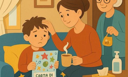 Un bambino di 6 anni, volto rotondo e capelli castani spettinati, dall'aria coraggiosa ma un po' stanca, è seduto su un divano con una coperta a stelle e tiene un grande foglio colorato con una «mappa della guarigione» decorata di stelle e simboli; la mamma di circa 35 anni, capelli castani raccolti in chignon, sorriso dolce e sguardo rassicurante, gli è accanto, gli posa una mano sulla fronte e regge una tazza di tisana fumante; la nonna di circa 70 anni, capelli bianchi in chignon e occhiali tondi, sorride teneramente dalla porta tenendo un sacchettino di caramelle al miele mentre si lava le mani con il gel su un tavolo vicino; la scena si svolge in un soggiorno luminoso dai colori caldi (divano blu, cuscini gialli, tavolino in legno con scatola di fazzoletti, finestra aperta con un raggio di sole e una tenda leggera che si muove) e mostra un momento calmo e affettuoso, leggermente medico ma caldo.