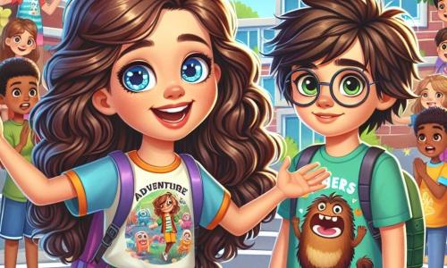A 9-year-old girl, Lily, stands at the center of the scene with a determined expression on her face. She has big brown curls, sparkling blue eyes, and wears a colorful t-shirt with an adventure pattern. Her arms are open, as if to welcome a friend, and she is smiling warmly. To her right, Ethan, a 9-year-old boy, stands shyly with messy brown hair and round glasses. He wears a t-shirt with a monster design, and his face shows a glimmer of hope as he looks at Lily. In the background, a group of children, some looking surprised, stands at a distance, observing the scene. Among them, Mia, Lily's best friend, has smooth black hair and a big smile. She is clapping and enthusiastically encouraging Lily. The scene takes place in a sunny schoolyard, surrounded by tall trees with green leaves and a colorful brick wall. Sounds of play and laughter resonate around them, creating a joyful atmosphere. The main situation shows Lily standing up for Ethan against classmates who are mocking him, advocating for the importance of kindness and inclusion, while the other children begin to realize that everyone deserves respect.