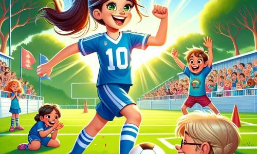 Lara, ein 10-jähriges Mädchen, steht im Mittelpunkt des Bildes. Sie hat lange braune Haare, die zu einem Pferdeschwanz gebunden sind, ein strahlendes Lächeln im Gesicht und trägt ein blaues Fußballtrikot mit der Nummer 10. Sie dribbelt den Ball geschickt, ihre Augen leuchten vor Aufregung und Entschlossenheit. Rechts von ihr steht Max, ihr bester Freund, ein 10-jähriger Junge mit zerzausten blonden Haaren und einer Brille. Er ermutigt sie mit einem breiten Lächeln und erhobenen Armen, bereit, ein Tor zu feiern. Im Hintergrund applaudiert eine Gruppe von Kindern, darunter Mia, ein kleines Mädchen mit geflochtenen Haaren, die enthusiastisch auf einem kleinen Hügel steht, ein rosa T-Shirt und Shorts trägt und die Arme hebt, um Lara anzufeuern. Die Szene spielt auf einem grünen Fußballfeld, umgeben von großen Bäumen und einem strahlend blauen Himmel. Zuschauer sitzen auf Holzbänken, einige halten bunte Fahnen, was eine festliche Atmosphäre schafft. Die Hauptsituation zeigt Lara, die in einem wichtigen Spiel ein entscheidendes Tor erzielt, mit einem Ausdruck von Freude und Stolz im Gesicht, während ihre Freunde und die Zuschauer sie begeistert anfeuern.