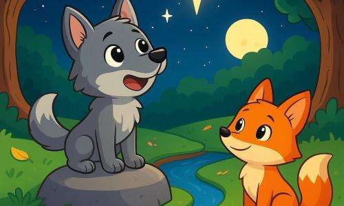 Een kleine grijze wolf, genaamd Lumo, met een zachte vacht en nieuwsgierige glanzende ogen, staat op een steen aan de rand van een kleine rivier. Hij ziet er zowel opgewonden als een beetje nerveus uit, zijn hart klopt snel terwijl hij naar een fonkelende ster aan de nachtelijke hemel kijkt. Naast hem staat een jonge oranje vos met sprankelende ogen, een pluizige staart en een verlegen glimlach, die Lumo bewonderend gadeslaat, terwijl hij iets achteruit op het groene gras staat. De plek is een magische open plek, omringd door grote bomen met knoestige stammen, waar het maanlicht de grond verlicht die bezaaid is met kleurrijke bloemen en gouden bladeren. De scène toont Lumo die klaar is om in avontuur te duiken, vastbesloten om een verborgen schat te ontdekken, terwijl de vos hem aanmoedigt met een hoopvolle blik.