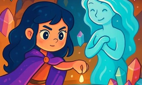 Luna, una niña de unos 10 años, está al borde de una fuente brillante. Tiene largos cabellos ondulados color noche y ojos brillantes como estrellas. Su rostro muestra determinación y curiosidad, y lleva una capa violeta que brilla bajo la luz. A su lado, un espíritu del agua, translúcido y luminoso, toma la forma de una figura femenina con cabellos de agua que fluyen suavemente y una sonrisa reconfortante. La escena se desarrolla en una cueva mágica, donde las paredes están adornadas con cristales brillantes que reflejan colores vivos. La luz de la fuente ilumina el espacio, creando una atmósfera de ensueño. Luna se prepara para verter una gota de luz mágica en la fuente para salvar el Reino de Cristal, mientras el espíritu del agua la observa con benevolencia, lista para ayudarla en su búsqueda.