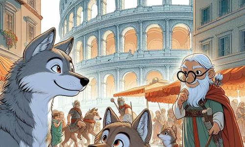 Luno, un pequeño lobo de ojos brillantes y pelaje gris suave, se encuentra en el centro de la escena, con una expresión de asombro en su rostro. Mira un gran edificio de piedra, el Coliseo, que se erige majestuosamente detrás de él, lleno de detalles arquitectónicos impresionantes. A su lado, Romo, un joven lobo de orejas puntiagudas y pelaje marrón, sonríe con entusiasmo, sosteniendo una piedra en sus patas delanteras, listo para ayudar. Más lejos, un viejo arquitecto humano, con una larga barba blanca y gafas redondas, observa atentamente los cimientos, con un aire pensativo pero satisfecho. El lugar es una ciudad romana animada, con calles pavimentadas, coloridos puestos de mercado y soldados con armaduras que pasan, creando una atmósfera vibrante e histórica. La escena principal muestra a Luno y Romo conversando con el arquitecto, mientras a su alrededor, trabajadores se afanan en construir el Coliseo, simbolizando la unión de la amistad y la aventura a través del tiempo.