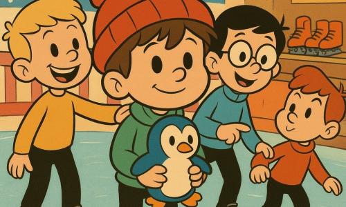 Quatro meninos de cerca de 8 anos formam um pequeno comboio numa pista de patinagem interior: no centro, um rapaz de cabelo castanho despenteado com um gorro vermelho grande segura um pinguim de pelúcia azul contra o peito; à esquerda do centro, um loiro de cabelos curtos e sorriso largo usa patins e segura ligeiramente o ombro do seguinte; à direita em terceira posição, um rapaz de cabelos pretos e óculos redondos segura a mão do que vem atrás e aponta para uma pilha de patins de plástico laranja à direita; fechando a fila, um ruivo com expressão maliciosa faz um pequeno 