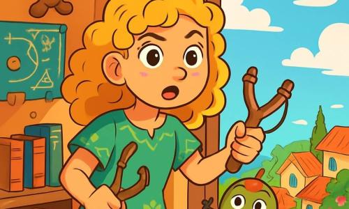 Pandora, a young girl with curly golden hair and sparkling curious eyes, stands on her window ledge, a look of surprise and determination on her face. She wears a green tunic adorned with floral patterns and holds a slingshot in her right hand, ready for adventure. Next to her, a small talking olive with shiny skin and a touch of red on top joyfully jumps on the ledge, its round mischievous eyes reflecting excitement. Their environment is a colorful room filled with old books, magical maps, and floating toys, with an open window overlooking the picturesque village below, where tiled-roof houses and blooming gardens are visible. The main scene shows Pandora and the olive preparing to embark on an adventure to prevent the titan Kronos from awakening, with an atmosphere full of magic and anticipation, as fluffy clouds lazily drift in the blue sky.