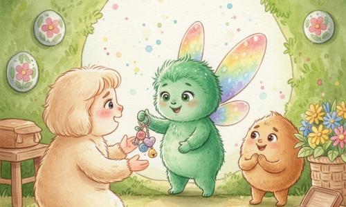 Poppy, a small furry creature with shimmering emerald fur, two color-changing iridescent wings, a round face, shy smile and bright eyes, stands joyfully and proudly holding a handmade keychain of colorful buttons, a glittery heart and a small bell; Mom, a cream-furred, tender, moved figure kneels at the burrow door with open arms to receive it; Zig, a compact walnut-shaped friend with light brown fur and a mischievous enthusiastic expression, applauds beside Poppy slightly to the right; the cozy burrow interior is lined with velvety green moss and painted floral pebbles, with a small wooden table holding an open button box, a basket of wildflowers and soft morning light filtering in; the scene is a tender Mother’s Day gift exchange with a warm atmosphere, attentive gestures and gentle controlled watercolor splashes to emphasize the moment’s magic and sweetness.