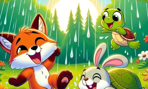 Um raposo chamado Rufi, com pelagem laranja brilhante e olhos curiosos, dança alegremente sob uma chuva de gotas d'água cintilantes, com um grande sorriso no rosto. Ao seu lado, uma tartaruga chamada Tula, com uma carapaça verde e olhos suaves, observa Rufi com um ar divertido, enquanto um coelhinho travesso chamado Pipo, com grandes orelhas brancas, ri deslizando sobre uma folha molhada. A cena acontece em uma clareira ensolarada, rodeada de flores coloridas que parecem dançar ao ritmo da chuva, com majestosas árvores ao fundo. Os amigos se divertem juntos, aproveitando a chuva inesperada que transforma seu piquenique em uma festa alegre e cheia de risadas.