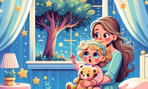 Una niña de 2 años, con grandes ojos brillantes y cabello rizado, sostiene un dulce osito de peluche contra ella. Tiene una expresión curiosa y un poco temerosa, con las cejas ligeramente fruncidas. A su lado, su mamá, una mujer sonriente de unos 30 años, con cabello largo y liso, está sentada al borde de la cama, con una actitud reconfortante y los brazos abiertos para acoger a su hija. La escena ocurre en una habitación cálida, con paredes pintadas de azul pastel, estrellas doradas pegadas al techo y un gran árbol afuera de la ventana, cuyas ramas se mueven suavemente con el viento. La niña escucha atentamente los ruidos del viento mientras su mamá le explica que esos sonidos son amigos. El viento sopla suavemente y las hojas del árbol parecen susurrar secretos, creando una atmósfera mágica y reconfortante.