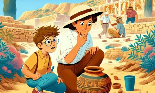 A female archaeologist, Dr. Sophia Lark, is kneeling on the dusty ground of an excavation site in Crete. She has brown hair tied in a bun, wears a wide-brimmed hat and a light t-shirt, and her face shows excitement and focus. Next to her, her assistant Alex, a 12-year-old boy with glasses and messy hair, holds a clipboard and carefully observes a clay jar they have just uncovered. In the background, the archaeological site is filled with ancient ruins, stone walls, and colorful frescoes under a bright blue sky. The main scene shows Sophia and Alex carefully uncovering the jar, surrounded by brush and some archaeological tools, as they discover a hidden treasure from the past.